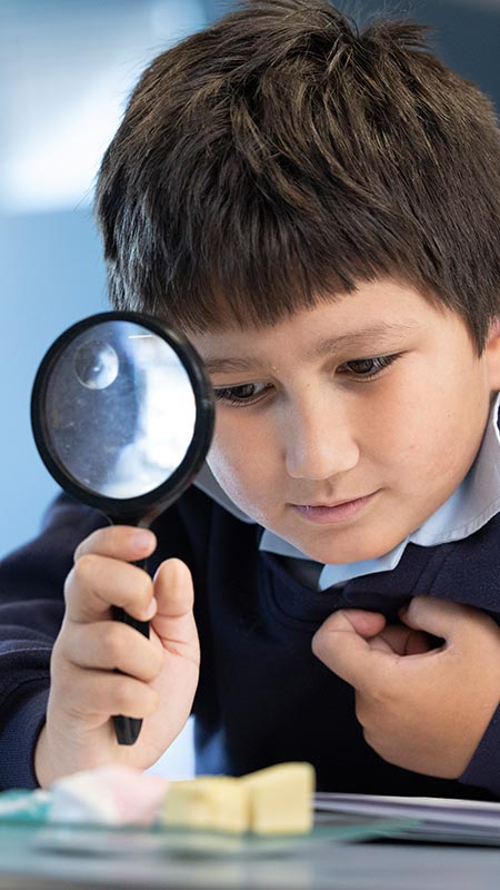 Our Lady of the Nativity Primary Lawson student in class. He is using a magnifying glass.